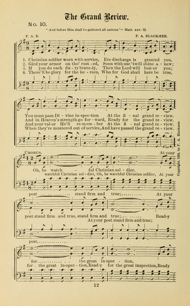 Gospel in Song: a new collection of "hymns and spiritual songs," for use in Sunday schools, praise meetings, prayer meetings, revival meetings, camp meetings and in other places ... page 12