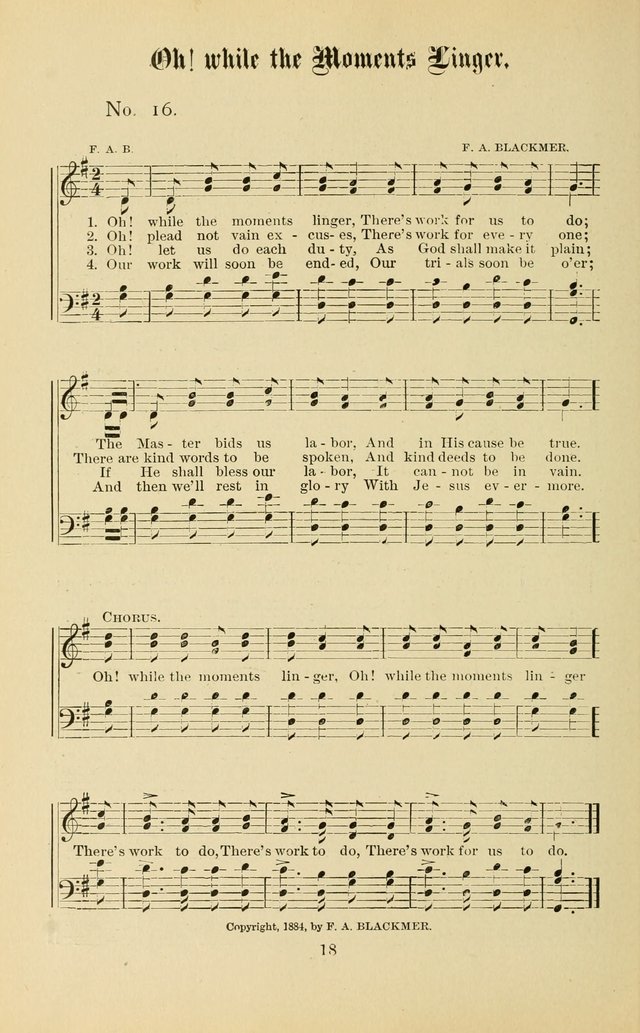 Gospel in Song: a new collection of "hymns and spiritual songs," for use in Sunday schools, praise meetings, prayer meetings, revival meetings, camp meetings and in other places ... page 18