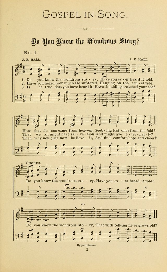 Gospel in Song: a new collection of "hymns and spiritual songs," for use in Sunday schools, praise meetings, prayer meetings, revival meetings, camp meetings and in other places ... page 3