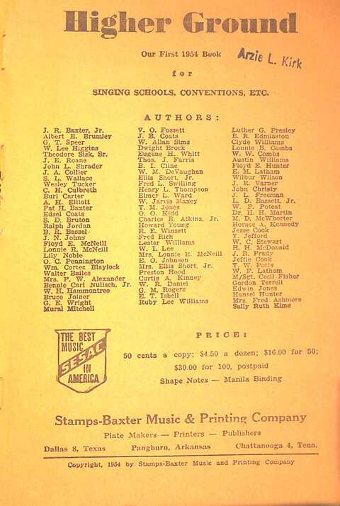 Higher Ground: our first 1954 book for singing schools, conventions, etc. page ii