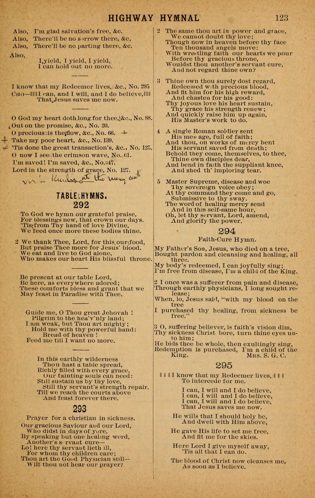 The Highway Hymnal: a choice collection of popular hymns and music, new and old. Arranged for the work in camp, convention, church and home page 123