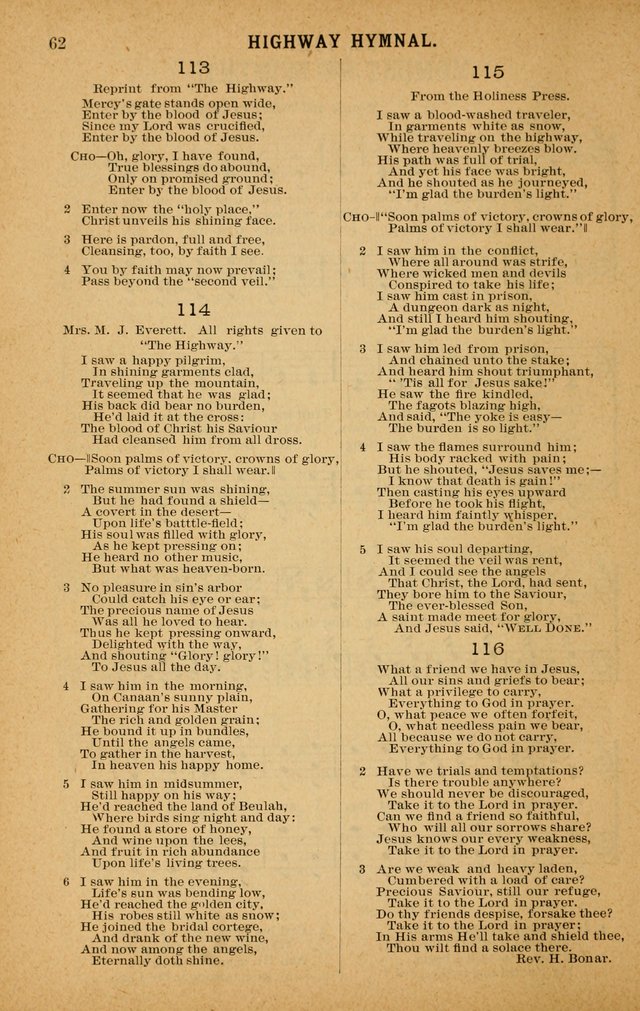 The Highway Hymnal: a choice collection of popular hymns and music, new and old. Arranged for the work in camp, convention, church and home page 62