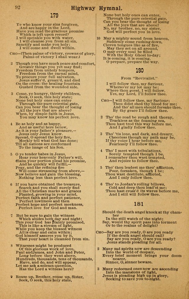 The Highway Hymnal: a choice collection of popular hymns and music, new and old. Arranged for the work in camp, convention, church and home page 92