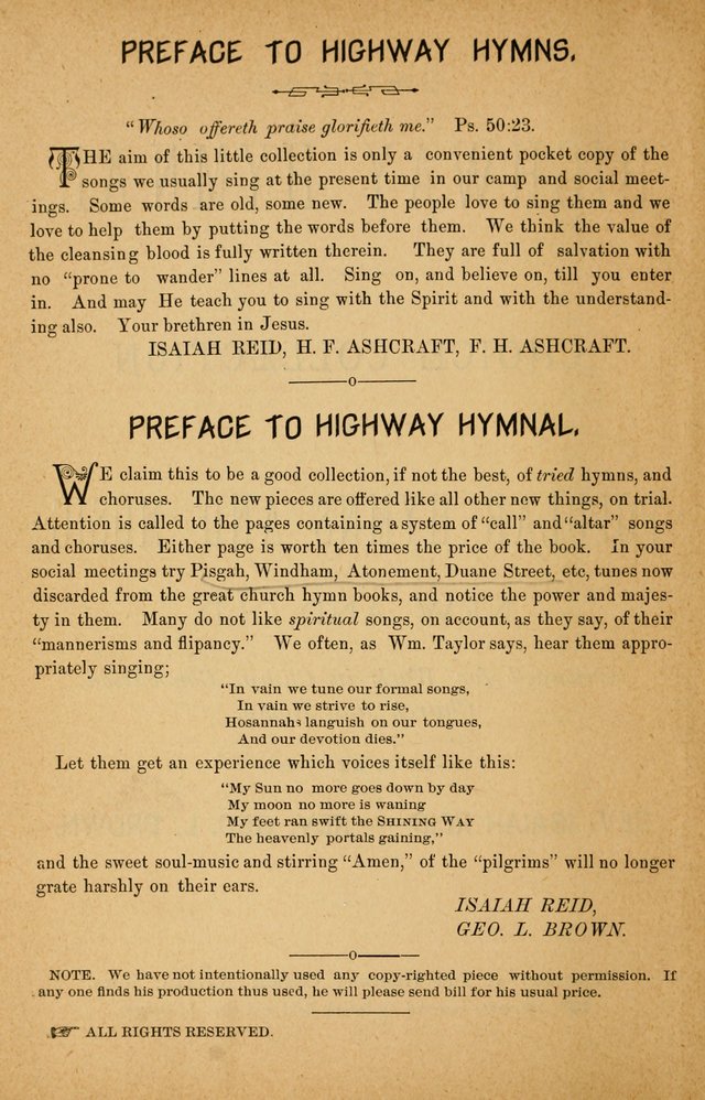 The Highway Hymnal: a choice collection of popular hymns and music, new and old. Arranged for the work in camp, convention, church and home page vi