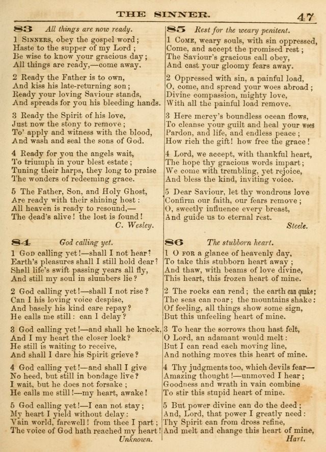 Hallowed Songs: a collection of the most popular hymns and tunes, both old, and new, designed for prayer and social meetings, revivals, family worship, and Sabbath schools page 47
