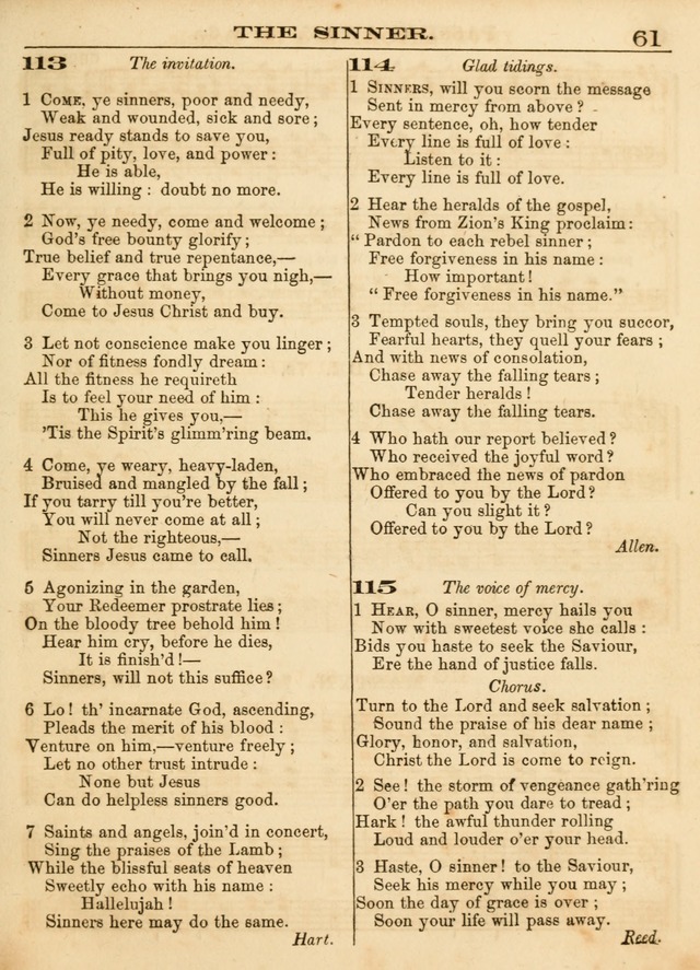 Hallowed Songs: a collection of the most popular hymns and tunes, both old, and new, designed for prayer and social meetings, revivals, family worship, and Sabbath schools page 61