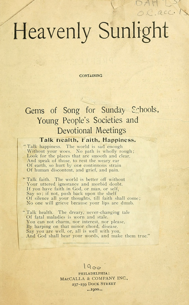 Heavenly Sunlight: containing gems of song for Sunday schools, young people