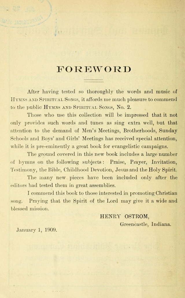 Hymns and Spiritual Songs Number Two: compiled especially for the evangelistic service, Sunday school and young people