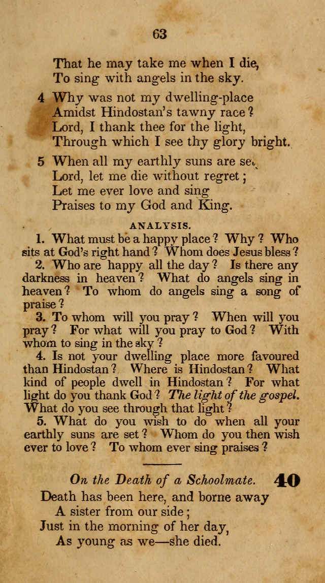 The Infant School and Nursery Hymn Book: being a collection of hymns, original and selected; with an analysis of each, designed to assist mothers and teachers... (3rd ed., rev. and corr.) page 63