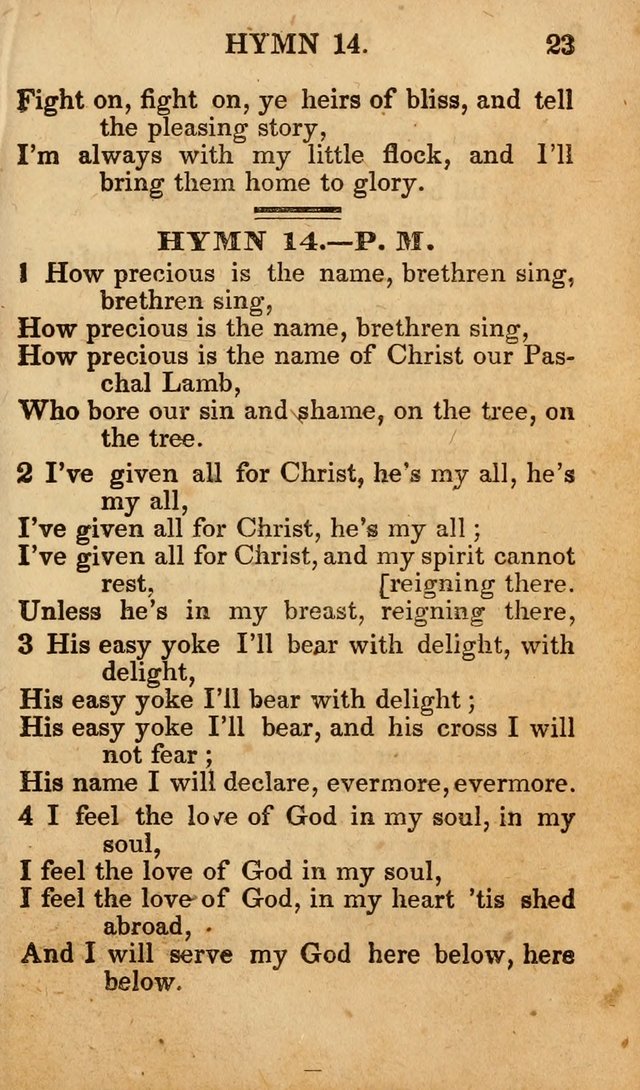 The New and Improved Camp Meeting Hymn Book; being a choice selection of hymns from the most approved authors designed to aid in the public and private devotion of Christians (4th ed. Stereotype) page 23