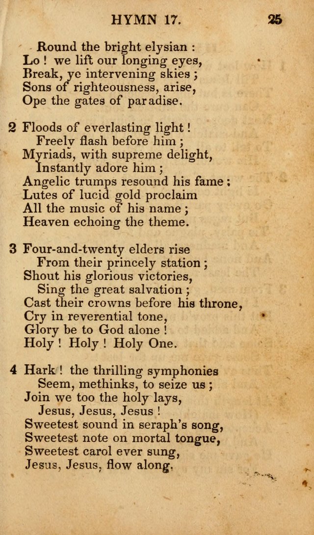 The New and Improved Camp Meeting Hymn Book; being a choice selection of hymns from the most approved authors designed to aid in the public and private devotion of Christians (4th ed. Stereotype) page 25