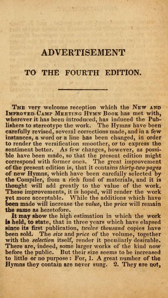 The New and Improved Camp Meeting Hymn Book; being a choice selection of hymns from the most approved authors designed to aid in the public and private devotion of Christians (4th ed. Stereotype) page 3