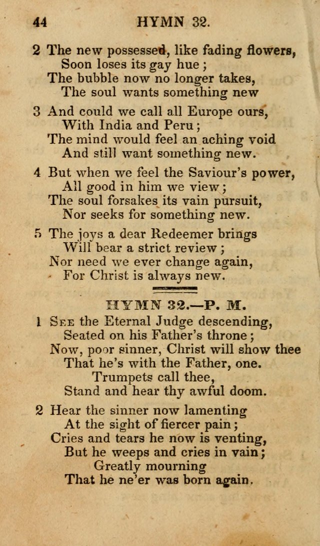 The New and Improved Camp Meeting Hymn Book; being a choice selection of hymns from the most approved authors designed to aid in the public and private devotion of Christians (4th ed. Stereotype) page 44