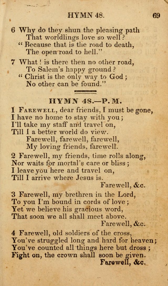 The New and Improved Camp Meeting Hymn Book; being a choice selection of hymns from the most approved authors designed to aid in the public and private devotion of Christians (4th ed. Stereotype) page 69