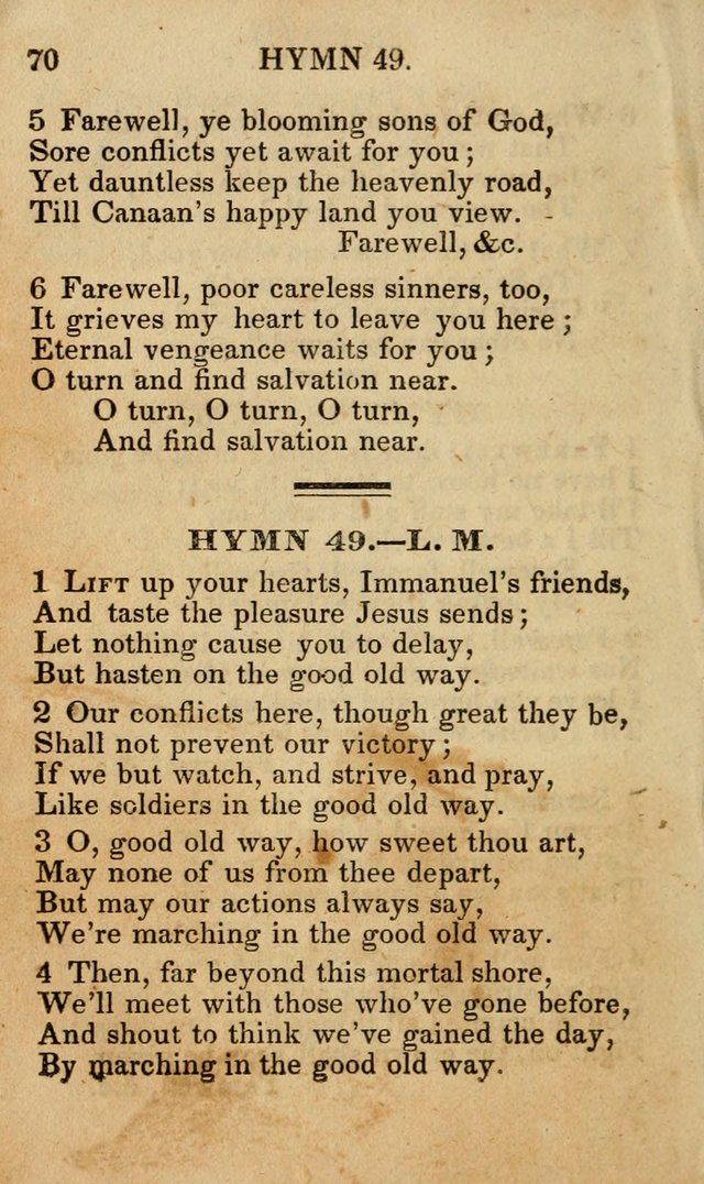 The New and Improved Camp Meeting Hymn Book; being a choice selection of hymns from the most approved authors designed to aid in the public and private devotion of Christians (4th ed. Stereotype) page 70