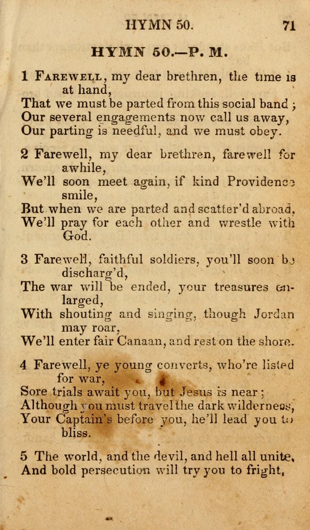 The New and Improved Camp Meeting Hymn Book; being a choice selection of hymns from the most approved authors designed to aid in the public and private devotion of Christians (4th ed. Stereotype) page 71