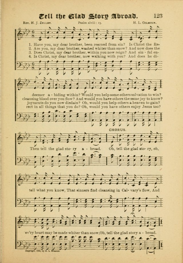 Our Praise in Song: a collection of hymns and sacred melodies, adapted for use by Sunday schools, Endeavor societies, Epworth Leagues, evangelists, pastors, choristers, etc. page 123