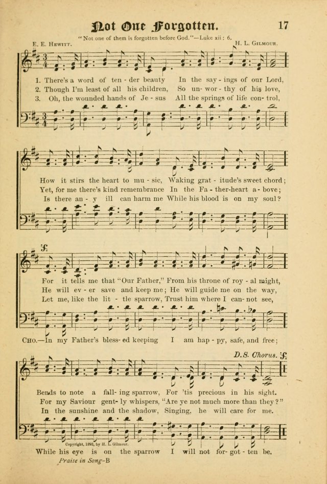 Our Praise in Song: a collection of hymns and sacred melodies, adapted for use by Sunday schools, Endeavor societies, Epworth Leagues, evangelists, pastors, choristers, etc. page 17