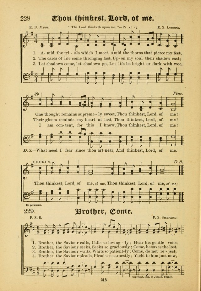 Our Praise in Song: a collection of hymns and sacred melodies, adapted for use by Sunday schools, Endeavor societies, Epworth Leagues, evangelists, pastors, choristers, etc. page 218