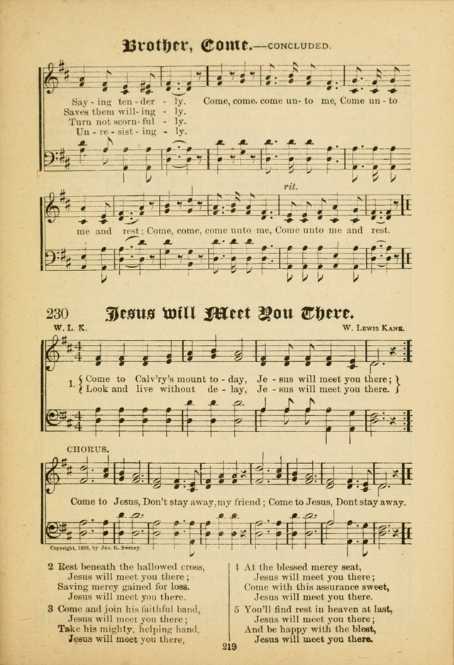 Our Praise in Song: a collection of hymns and sacred melodies, adapted for use by Sunday schools, Endeavor societies, Epworth Leagues, evangelists, pastors, choristers, etc. page 219