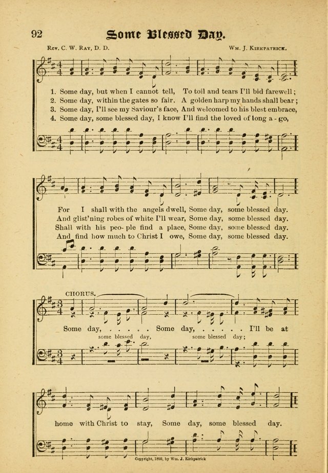 Our Praise in Song: a collection of hymns and sacred melodies, adapted for use by Sunday schools, Endeavor societies, Epworth Leagues, evangelists, pastors, choristers, etc. page 92