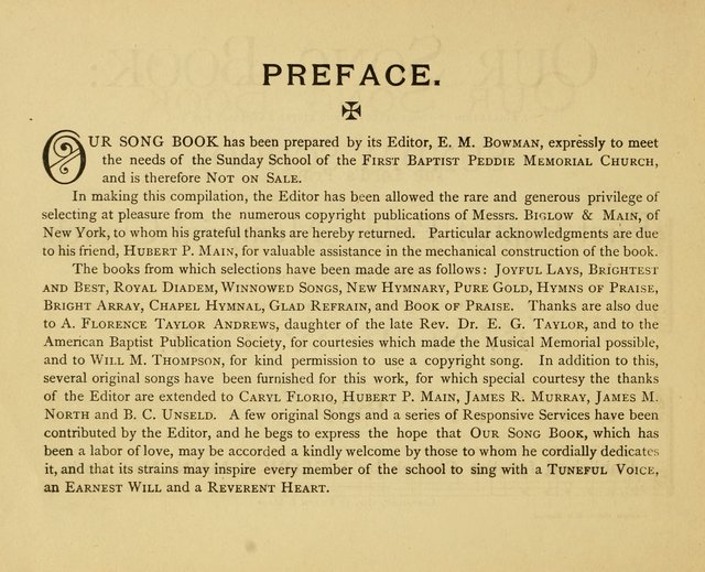 Our Song Book: a collection of songs selected and edited expressly for the Sunday School of the First Baptist Peddie Memorial Church, Newark, N. J. page 1