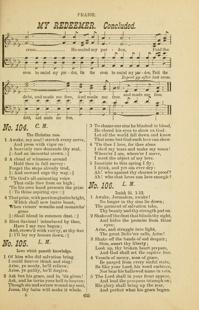 Prayer and Praise: or Hymns and Tunes for Prayer Meetings, Praise Meetings, Experience Meetings, Revivals, Missionary Meetings and all special occasions of Christian work and worship page 65