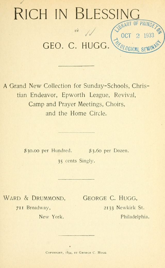 Rich in Blessing: a grand new collection for Sunday-schools, Christian endeavor, Epworth League, revival, camp and prayer meetings, choirs, and the home circle page 8