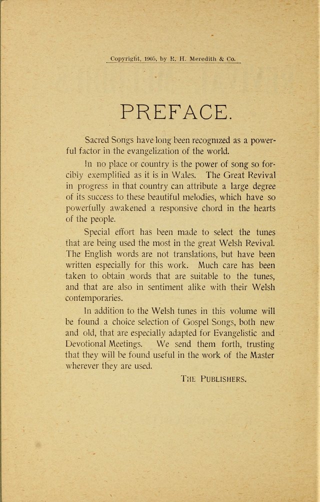 Revival Melodies: containing the popular Welsh tunes used in the great revivail in Wales; also a choice selection of gospel songs specially adapted for evangelistic and devotional meetings  page iv