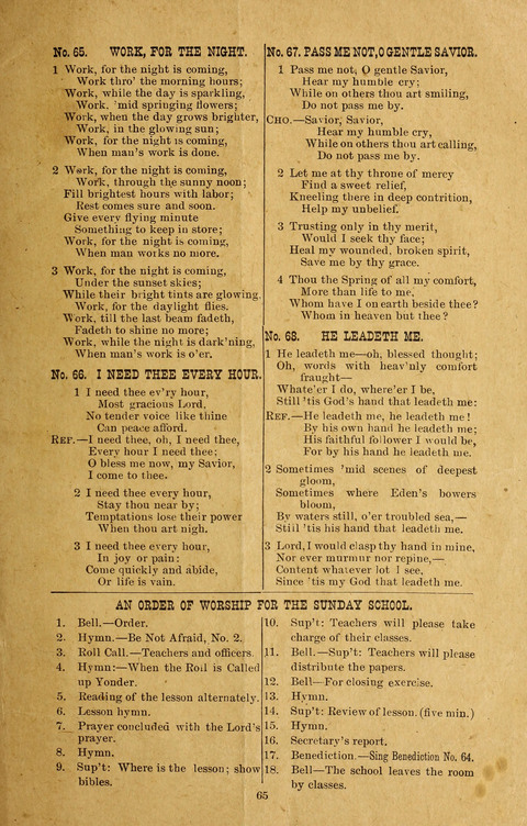 Sabbath Hymns: for the Sabbath School and young peoples socities (second ed.) page 65