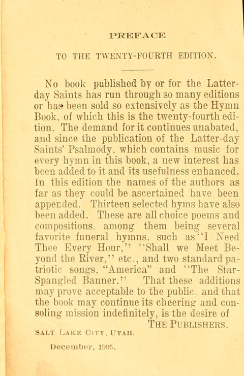 Sacred Hymns and Spiritual Songs: for the Church of Jesus Christ of Latter-Day Saints. 24th ed. page iii