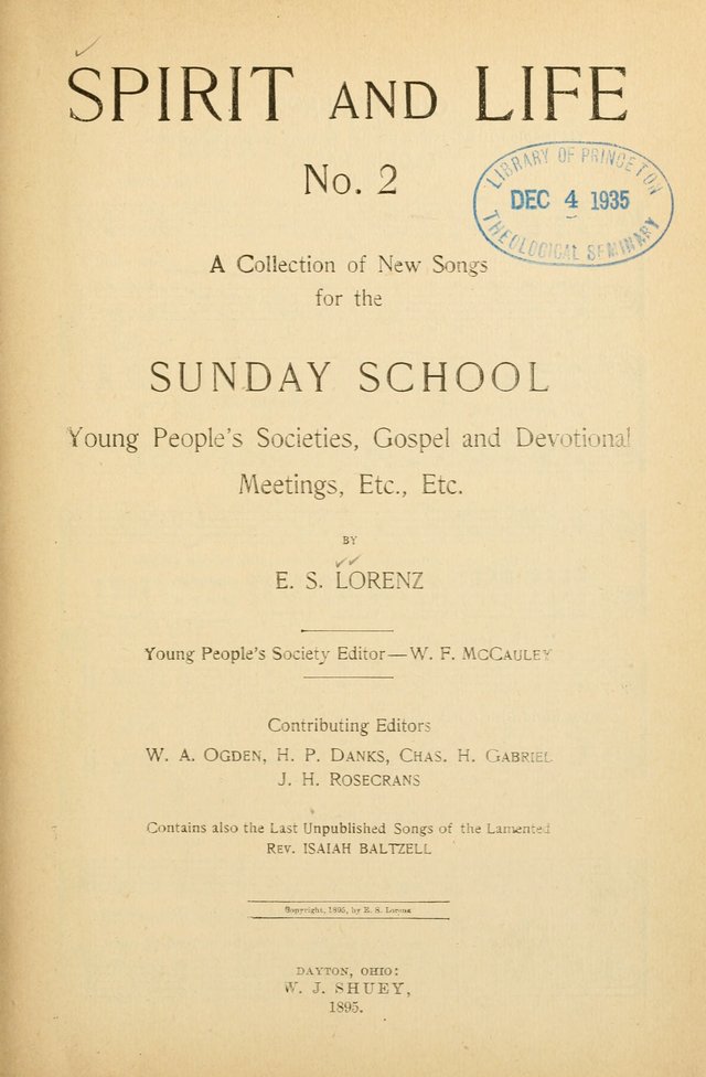 Spirit and Life No. 2: a collection of new songs for the Sunday school, young people