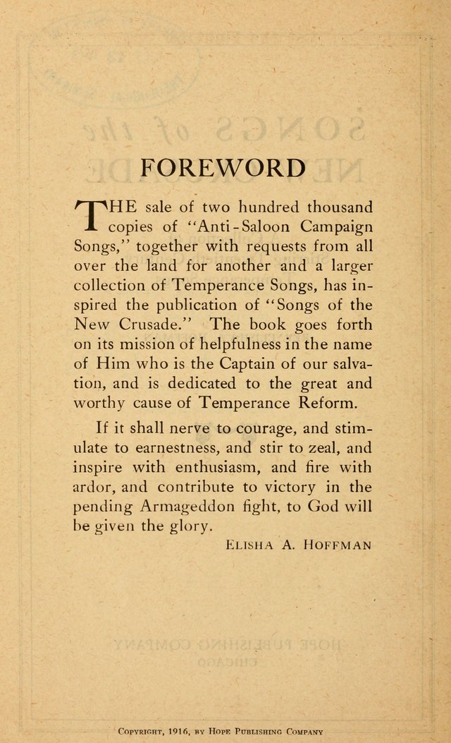 Songs of the New Crusade: a collection of stirring twentieth century temperance songs page iv