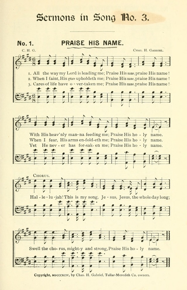 Sermons in Song No. 3: a collection of gospel hymns for use in the Sunday school, church prayer meeting, young people