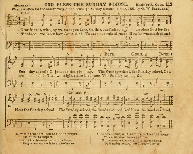 The Sabbath School Bell: a new collection of choice hymns and tunes, original and standard; carefully and simply arranged as solos, duets, trios, semi-choruses and choruses, and for organ..(Enl. Ed) page 113