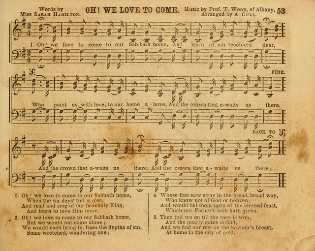 The Sabbath School Bell: a new collection of choice hymns and tunes, original and standard; carefully and simply arranged as solos, duets, trios, semi-choruses and choruses, and for organ..(Enl. Ed) page 53