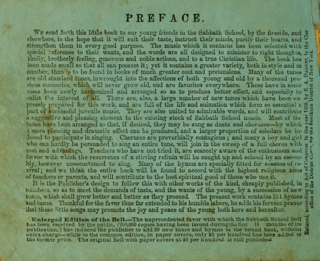 The Sabbath School Bell: a new collection of choice hymns and tunes, original and standard; carefully and simply arranged as solos, duets, trios, semi-choruses and choruses, and for organ..(Enl. Ed) page iv