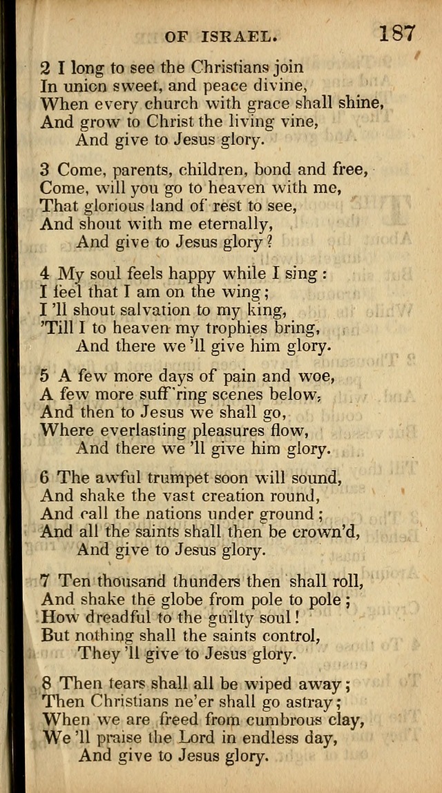 The Sweet Singer of Israel: a collection of hymns and spiritual  songs, usually sung at camp, prayer, and social meetings, and revivals of religion (New ed. much enlarged) page 187