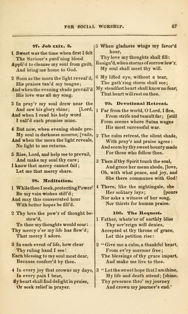 Spiritual Songs for Social Worship: adapted to the use of families and private circles, to missinary meetings, to monthly concert, and to other occasions of special interest.(Rev. and Enl. Ed.) page 67