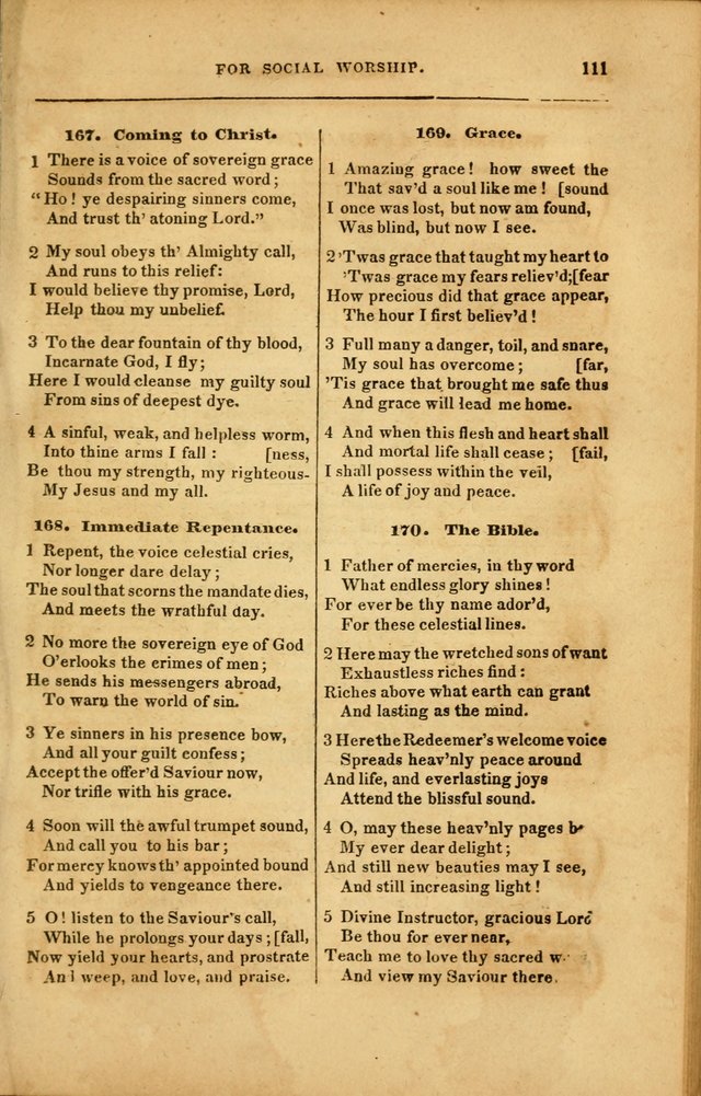 Spiritual Songs for Social Worship: adapted to the use of families and private circles in seasons of revival, to missionary meetings, to the monthly concert, and to other occasions... (3rd ed.) page 111