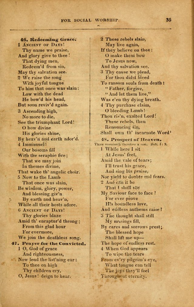 Spiritual Songs for Social Worship: adapted to the use of families and private circles in seasons of revival, to missionary meetings, to the monthly concert, and to other occasions... (3rd ed.) page 35