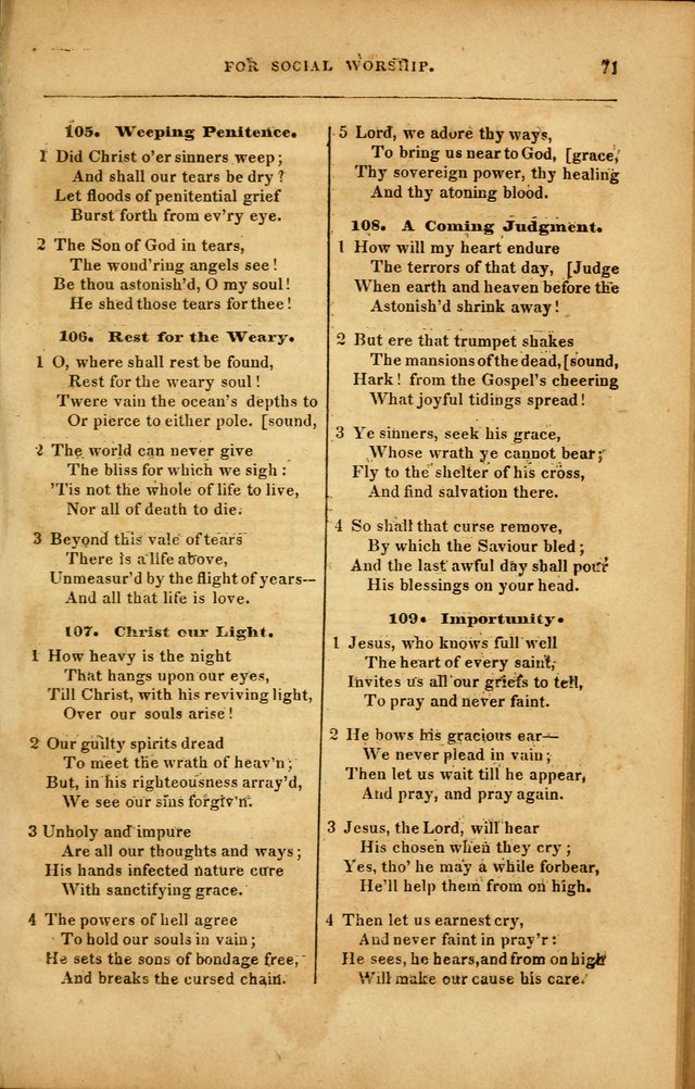 Spiritual Songs for Social Worship: adapted to the use of families and private circles in seasons of revival, to missionary meetings, to the monthly concert, and to other occasions... (3rd ed.) page 71