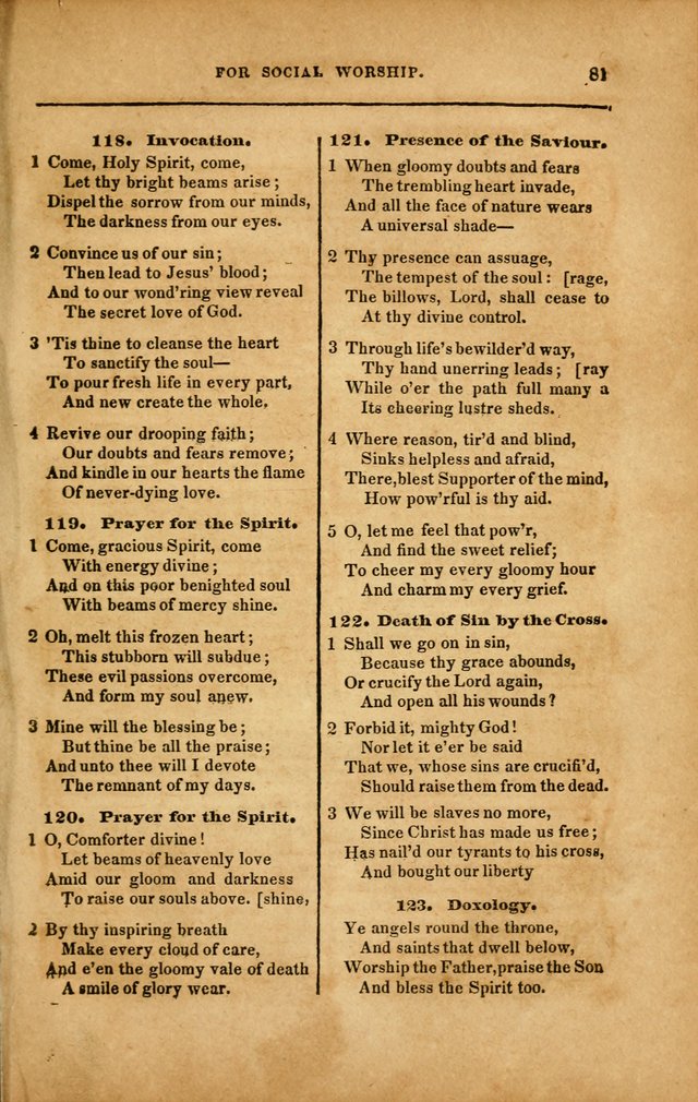 Spiritual Songs for Social Worship: adapted to the use of families and private circles in seasons of revival, to missionary meetings, to the monthly concert, and to other occasions... (3rd ed.) page 81