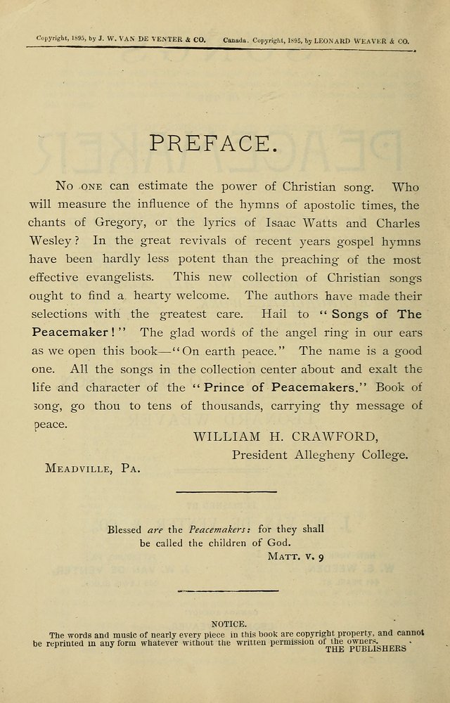 Songs of the Peacemaker: a collection of sacred songs and hymns for use in all services of the church, Sunday-school, home circle, and all kinds of evangelistic work page 2