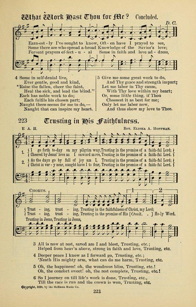 Songs of the Peacemaker: a collection of sacred songs and hymns for use in all services of the church, Sunday-school, home circle, and all kinds of evangelistic work page 221