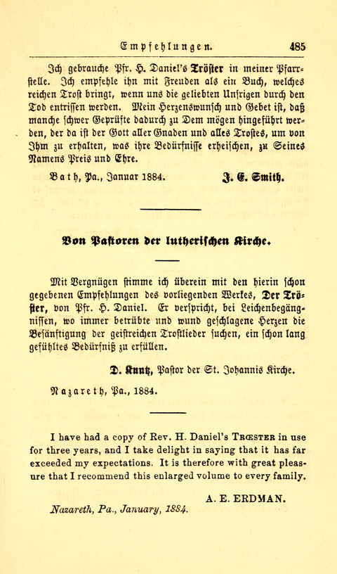 Der Tröster: oder Trost und Mahnung in Liedern und Betrachtungen bei der Trennung von den Unsrigen zum Gebracuh bei Leichenbegängnissen sowie auch im Familienkreise. page 487