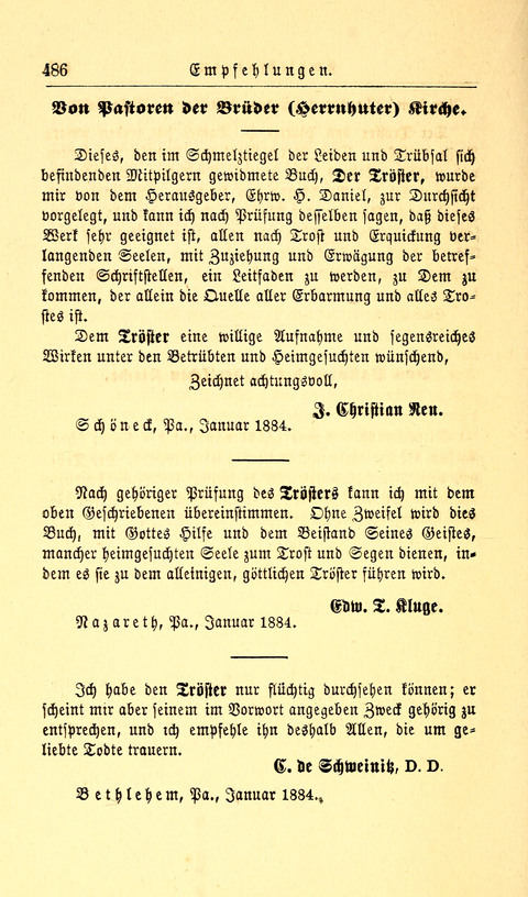 Der Tröster: oder Trost und Mahnung in Liedern und Betrachtungen bei der Trennung von den Unsrigen zum Gebracuh bei Leichenbegängnissen sowie auch im Familienkreise. page 488