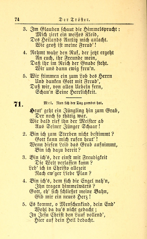 Der Tröster: oder Trost und Mahnung in Liedern und Betrachtungen bei der Trennung von den Unsrigen zum Gebracuh bei Leichenbegängnissen sowie auch im Familienkreise. page 74