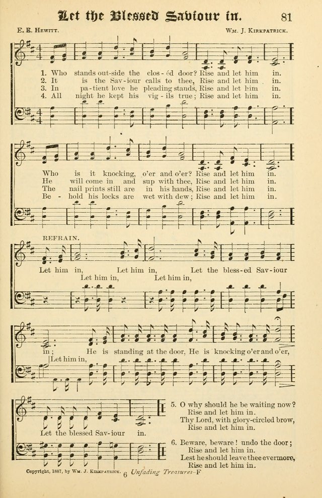 Unfading Treasures: a compilation of sacred songs and hymns, adapted for use by Sunday schools, Epworth Leagues, endeavor societies, pastors, evangelists, choristers, etc. page 81